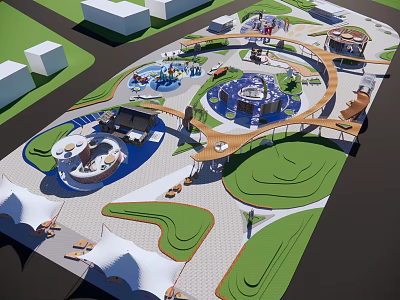 Urban Park Landscape With Green Lawns Pathways Play Areas And Water Features 3d model