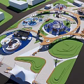 Urban Park Landscape With Green Lawns Pathways Play Areas And Water Features
