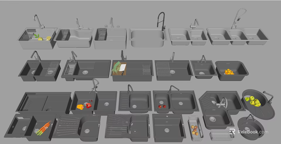 Various Kitchen Sinks With Different Designs And Faucets In Modern Kitchen Setting 3d model