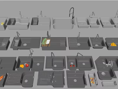 Various Kitchen Sinks With Different Designs And Faucets In Modern Kitchen Setting 3d model