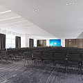 Spacious Conference Room Interior With Black Folding Chairs Large Screen And Wooden Walls