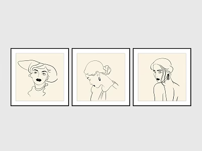 Three Framed Line Art Female Portrait Drawings With Different Hairstyles And Poses 3d model