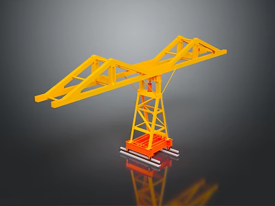 Yellow Tower Crane Model With Metal Frame And Orange Base On Reflective Surface 3d model