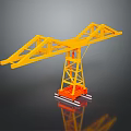 Yellow Tower Crane Model With Metal Frame And Orange Base On Reflective Surface
