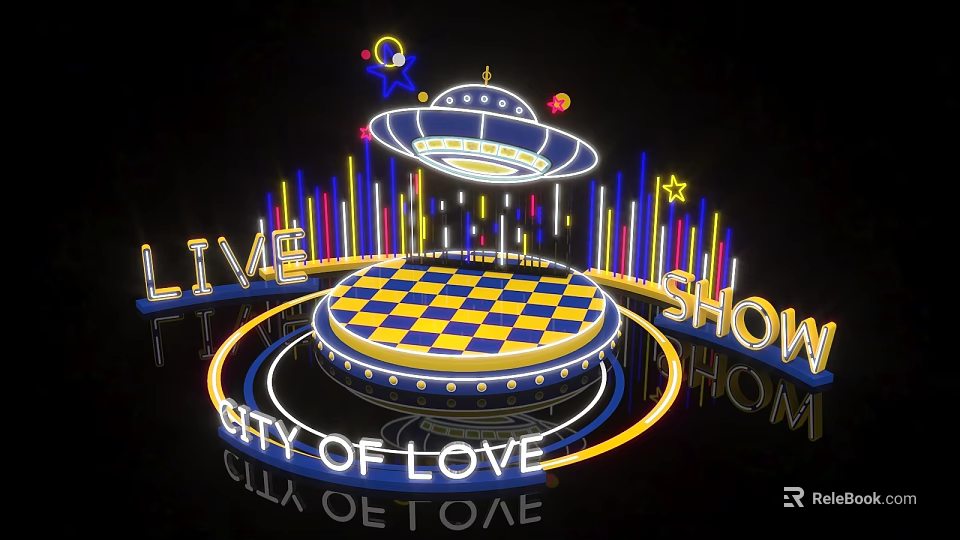 Circular Live Show Stage With Blue Yellow Checkerboard Pattern Neon Lights City Of Love 3d model 