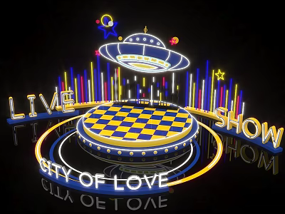 Circular Live Show Stage With Blue Yellow Checkerboard Pattern Neon Lights City Of Love 3d model