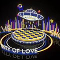 Circular Live Show Stage With Blue Yellow Checkerboard Pattern Neon Lights City Of Love