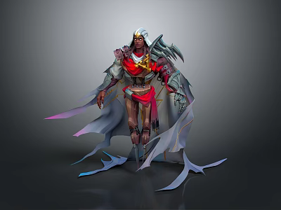 Warrior Character With Detailed Creature Inspired Silver Armor And Red Cloak 3d model