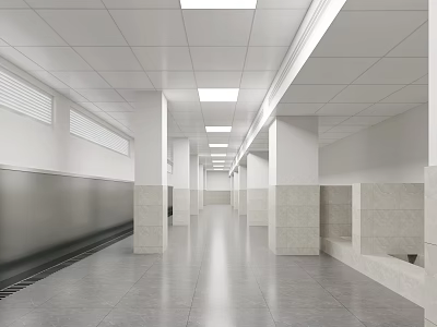 Modern Public Restroom Interior With Tile Walls And Ceiling Lights 3d model