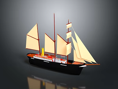 Vintage Sailing Ship Model With Multiple Sails Yellow Chimney And Black Hull 3d model