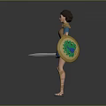 Warrior Game and Movie Female Character With Blue Armor Golden Details Sword and Shield