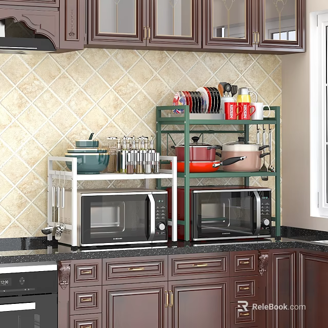 Practical Kitchen Counter With Microwave Top Shelf Holding Pots Dishes Cups And Spice Jars 3d model 