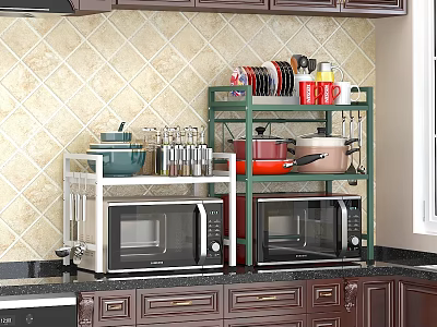 Practical Kitchen Counter With Microwave Top Shelf Holding Pots Dishes Cups And Spice Jars 3d model