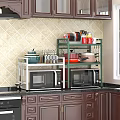 Practical Kitchen Counter With Microwave Top Shelf Holding Pots Dishes Cups And Spice Jars