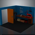 Red Workbench Furniture With Storage Bins In Blue Walled Utility Room Setup