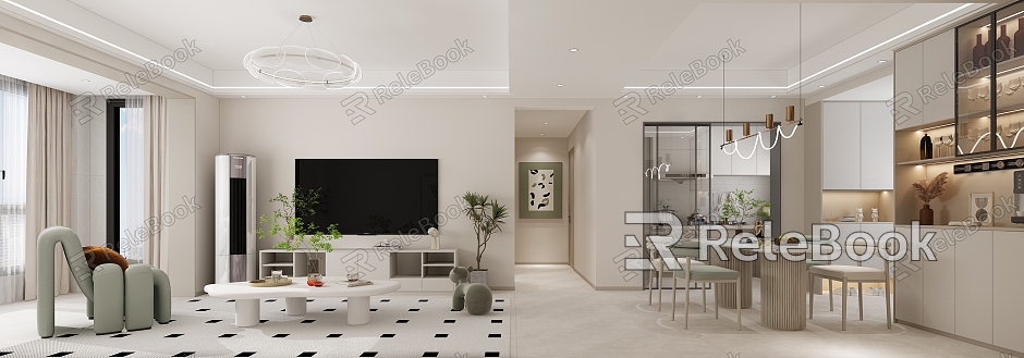 Living Room Dining Room TV Background Wall Sofa Background Wall Sofa Dining Table Kitchen Chandelier Air Conditioning Leisure Chair Drinking Machine Wine Cabinet Shoe Cabinet Green Plant model