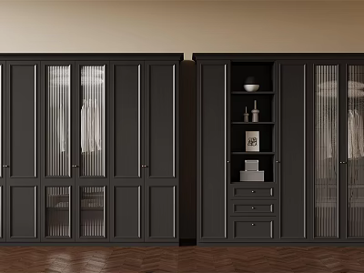 Modern Black Wardrobe Interior With Glass Doors Shelves Drawers And Wooden Floor 3d model