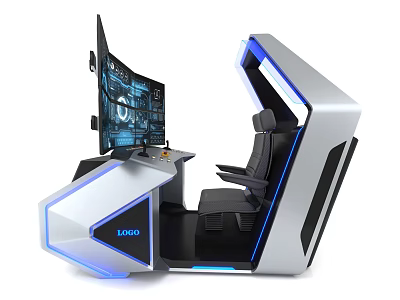 Modern Entertainment Electronics Gaming Setup With LED-Lit Seat And Multiple Monitors 3d model