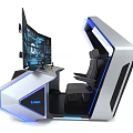Modern Entertainment Electronics Gaming Setup With LED-Lit Seat And Multiple Monitors