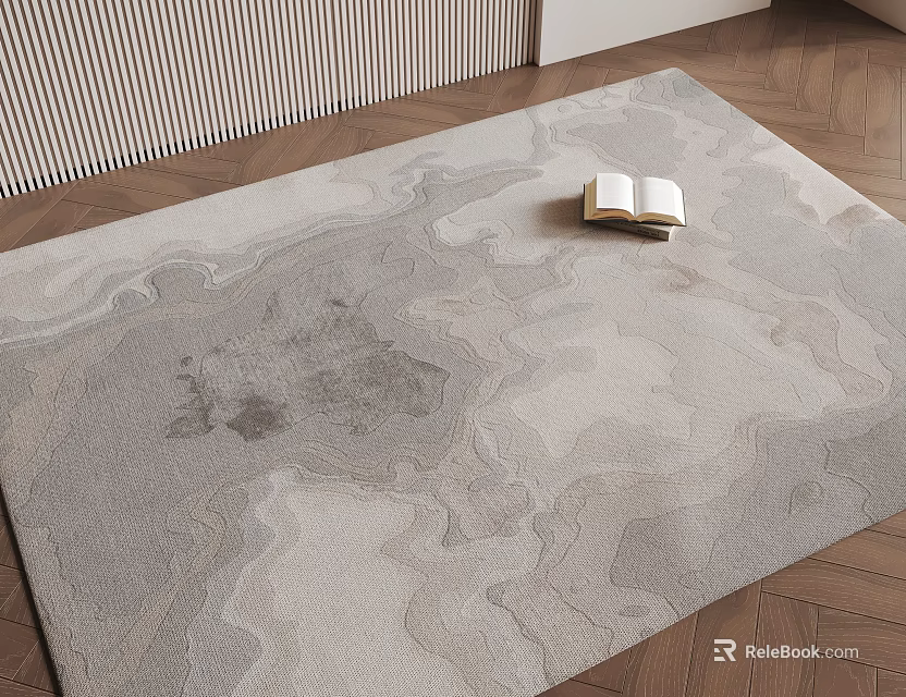 Square Rug With Abstract Gray Beige Pattern On Wooden Floor With Open Book 3d model