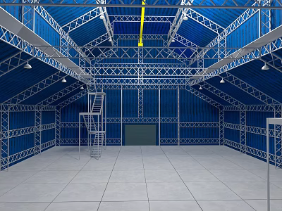 Large Indoor Space With Blue Metal Frame Roof Walls And Gray Tiled Floor 3d model