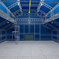 Large Indoor Space With Blue Metal Frame Roof Walls And Gray Tiled Floor