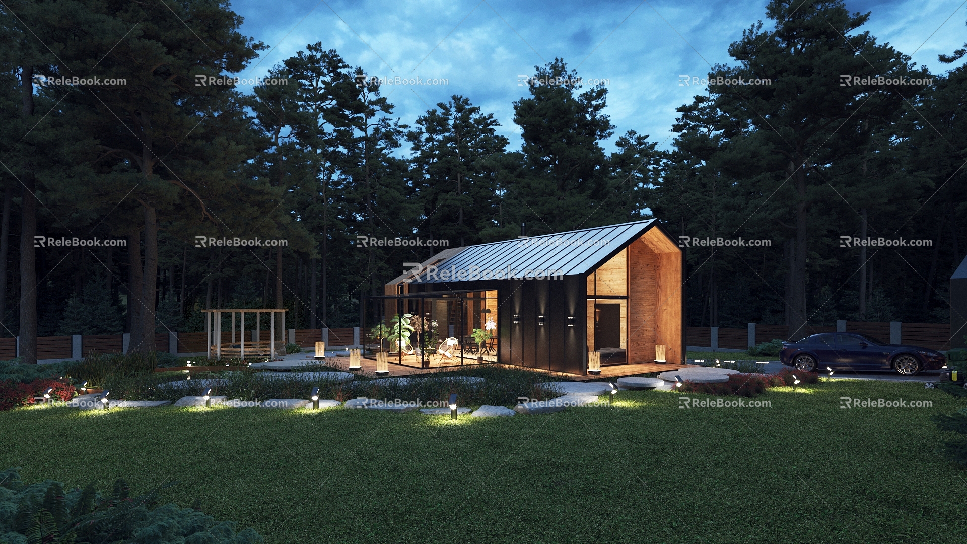 Modern chalet villa night view 3d model