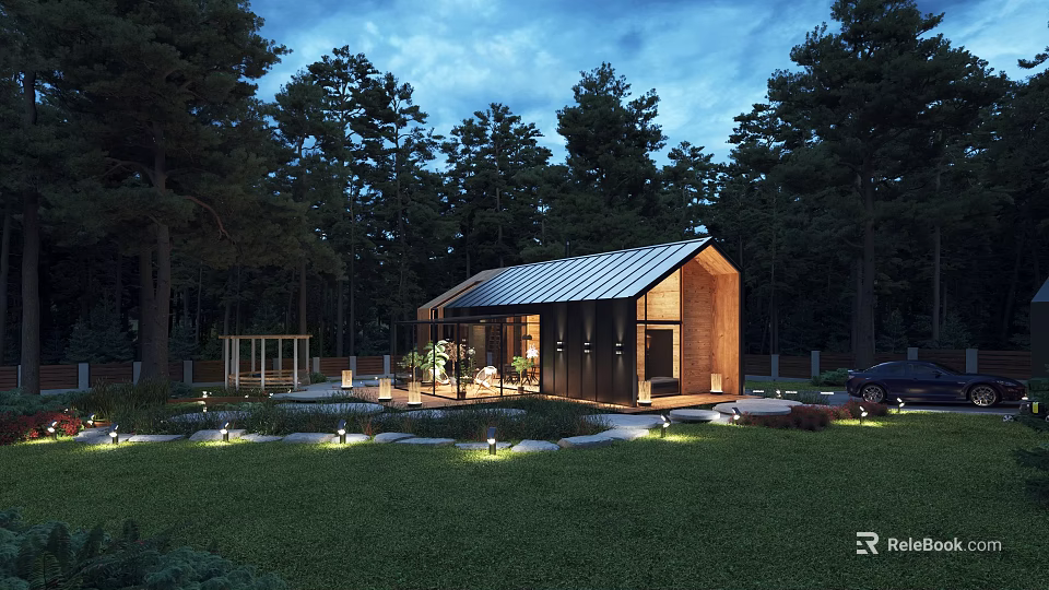 Wooden Forest Cabin At Night With Illuminated Lights Green Lawn Trees And Parked Car 3d model 