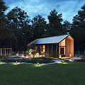 Wooden Forest Cabin At Night With Illuminated Lights Green Lawn Trees And Parked Car