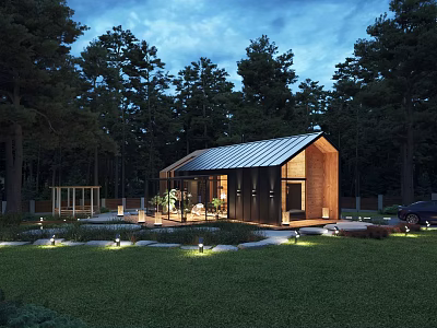 Wooden Forest Cabin At Night With Illuminated Lights Green Lawn Trees And Parked Car 3d model