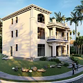 Elegant Two Story Detached Villa With Light Colored Exterior Balcony Large Windows And Green Lawn