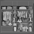 Organized Wardrobe with Hanging and Folded Clothes Dolls Stuffed Toys and Bookshelves