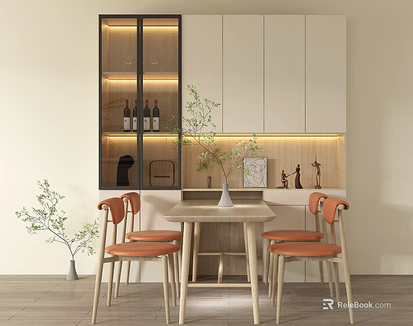 Modern Dining Table Set with Orange Chairs White Cabinets and Green Plant Decorations 3d model 