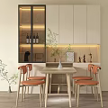 Modern Dining Table Set with Orange Chairs White Cabinets and Green Plant Decorations