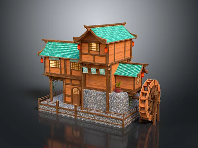 Traditional Chinese Wooden Building Model With Green Tiled Roof Red Lanterns And Water Wheel 3d model