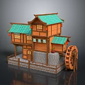 Traditional Chinese Wooden Building Model With Green Tiled Roof Red Lanterns And Water Wheel