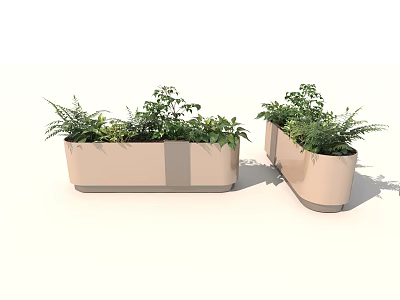 Beige Rectangular Garden Planters With Lush Green Plants For Decoration 3d model