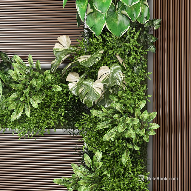 Lush Green Vertical Garden With Various Plants And Wooden Panel Background 3d model 