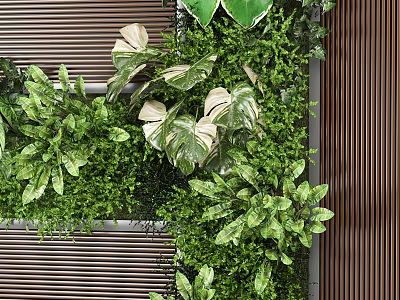 Lush Green Vertical Garden With Various Plants And Wooden Panel Background 3d model