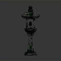 Mossy Traditional Stone Lantern With Purple Light Pagoda Style Roof And Stone Base