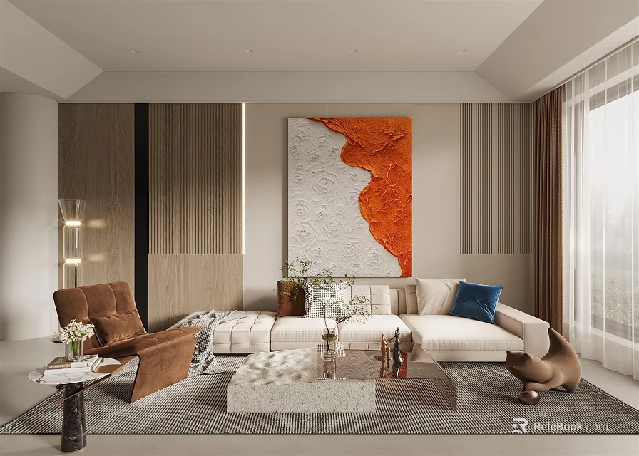 Modern Living Room Interior With Light Colored Sofa Orange Abstract Painting Wooden Walls And Armchair 3d model 
