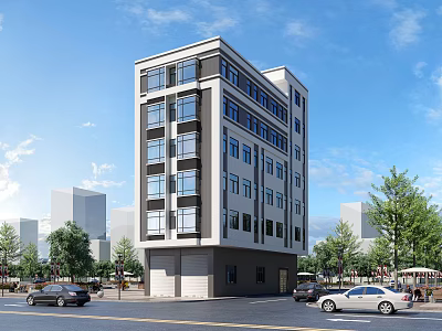 Modern Mid Rise Residential Building Featuring Large Windows Trees Along Street and Blue Sky 3d model