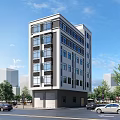 Modern Mid Rise Residential Building Featuring Large Windows Trees Along Street and Blue Sky