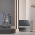 Modern Glass Door Refrigerator And Metallic Freezer With Beverages In Minimalist