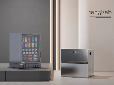 Modern Glass Door Refrigerator And Metallic Freezer With Beverages In Minimalist 3d model