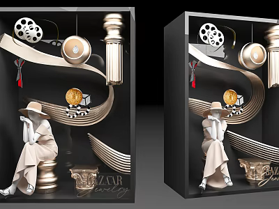 Elegant Window Display With Luxury Mannequin Golden Decorative Curves And Hanging Lights 3d model