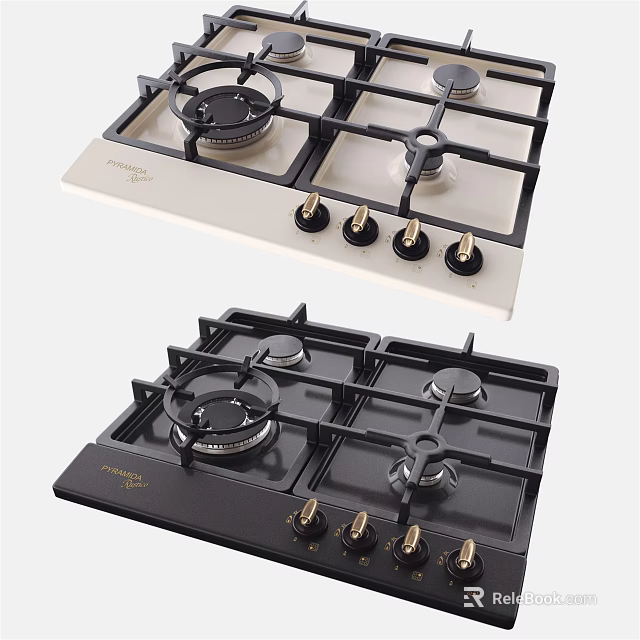 Modern Kitchen Appliances Featuring White And Black Gas Cooktops With Knobs 3d model 