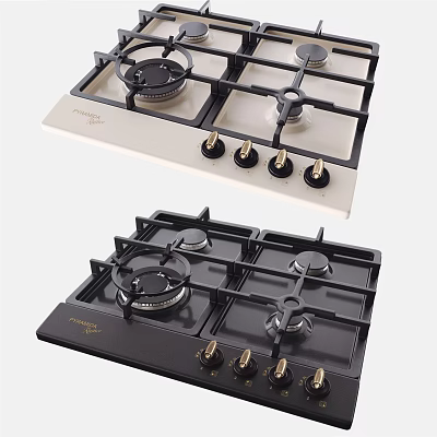 Modern Kitchen Appliances Featuring White And Black Gas Cooktops With Knobs 3d model