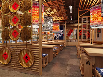 Traditional Chinese Hotpot Restaurant Interior With Wooden Tables Red Lanterns And Bamboo Decorations 3d model