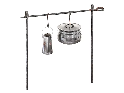 Rustic Vintage Kitchenware Hanging On Metal Iron Rack With Pots And Kettles 3d model